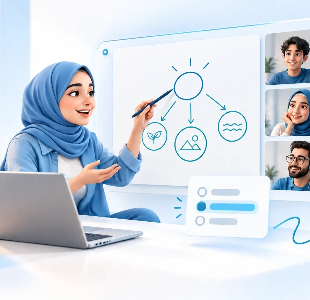 تصویرسازی کلاس آنلاین تعاملی با تخته، نظرسنجی و مشارکت فراگیران