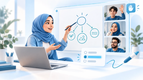 تصویرسازی کلاس آنلاین تعاملی با تخته، نظرسنجی و مشارکت فراگیران