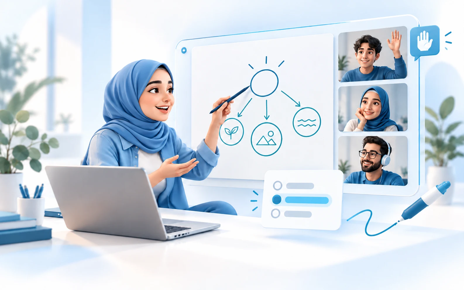 تصویرسازی کلاس آنلاین تعاملی با تخته، نظرسنجی و مشارکت فراگیران