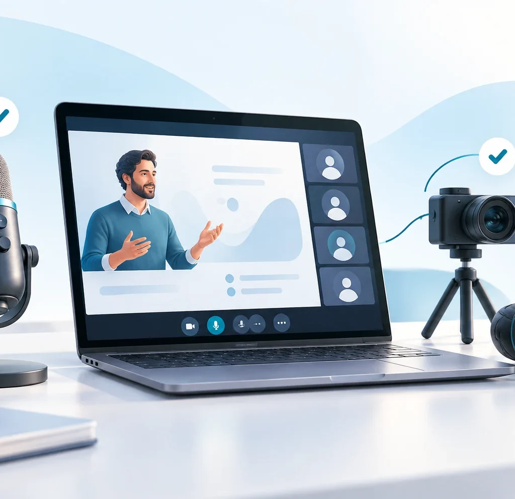 تصویرسازی آمادهسازی فنی وبینار با لپتاپ، میکروفن، دوربین و هدفون