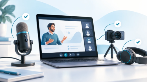 تصویرسازی آماده‌سازی فنی وبینار با لپ‌تاپ، میکروفن، دوربین و هدفون